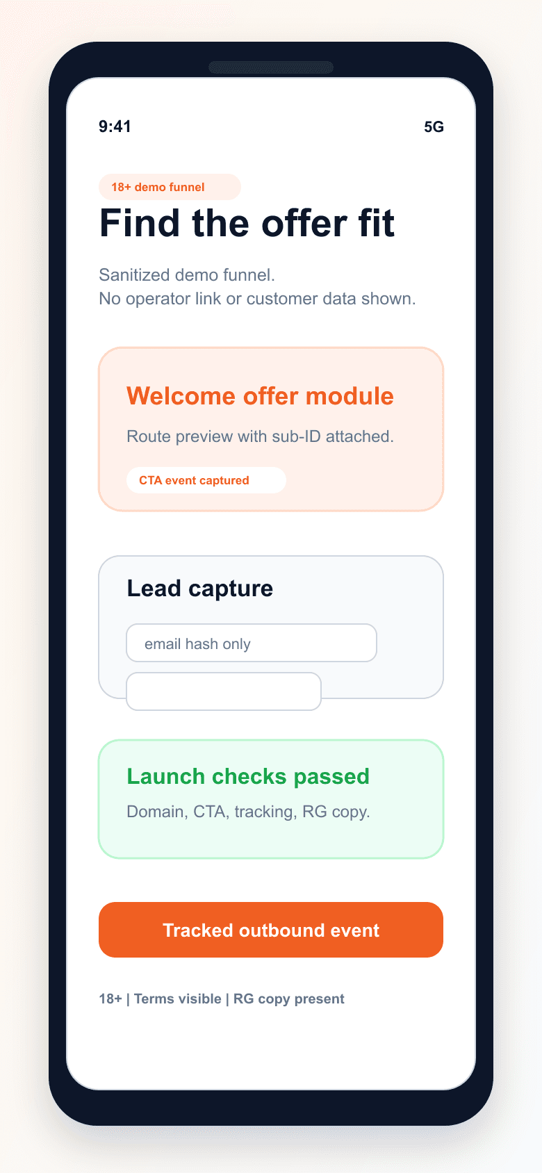 Published BetFunnels mobile funnel showing the visitor page, CTA, lead capture, and compliance footer.